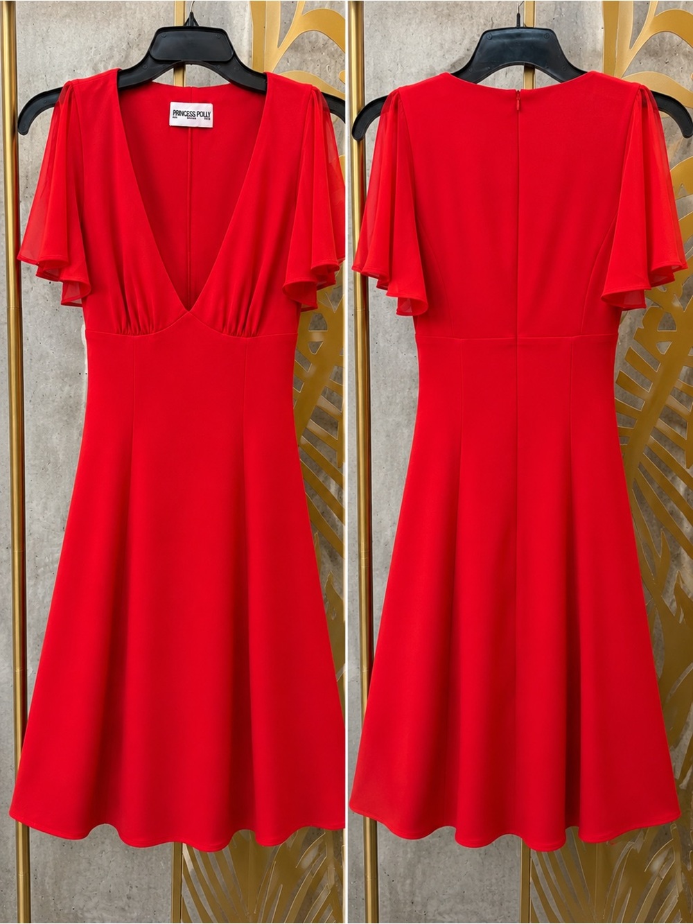 Princess Polly Red V-Neck Midi Dress with Flutter Sleeves